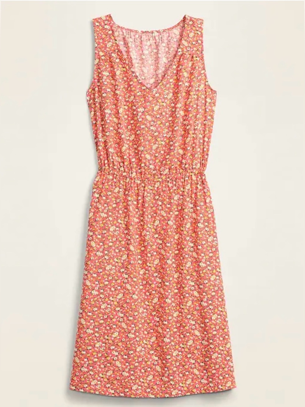 Old Navy sleeveless waist-defined V-neck dress coral floral print women’s Large